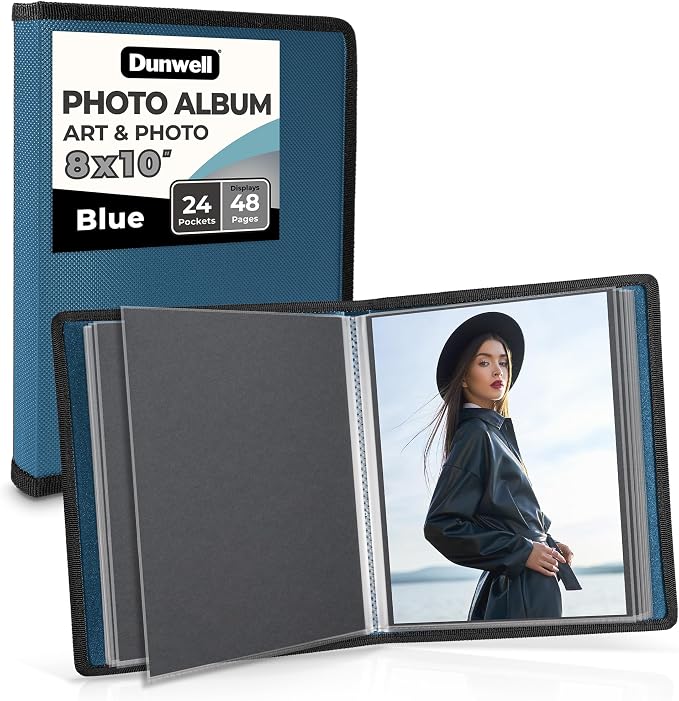 Dunwell 8x10 Photo Album & Art Portfolio Book, 24 Clear Sleeves, Blue | Displays 48 Pages, 24 Clear Sleeves, Black Mounting Paper, Organizer for 8x10 Photos by Dunwell