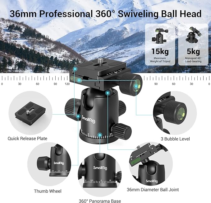 SmallRig Camera Tripod, 71" Foldable Aluminum Tripod/Monopod, 360°Ball Head Detachable, Payload 33lb, Adjustable Height from 16" to 71" for Camera, Phone - Image 3