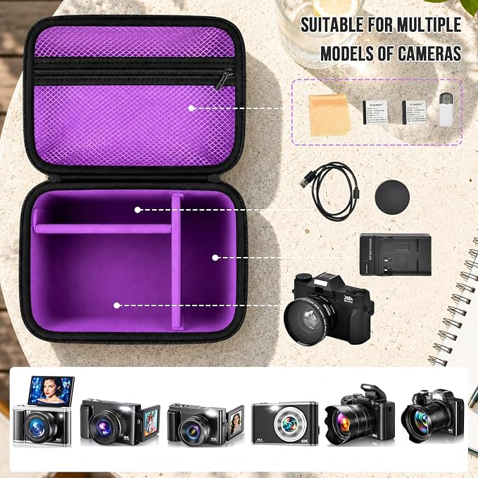Comecase Large Travel 4K Vlogging Camera Case for Duluvulu/for AUREAPIX | Outdoor Camera Storage with 2 Dividers and Mesh Pocket, for Vloggers and Content Creators, Trip Ready, Purple - Case Only - Image 2