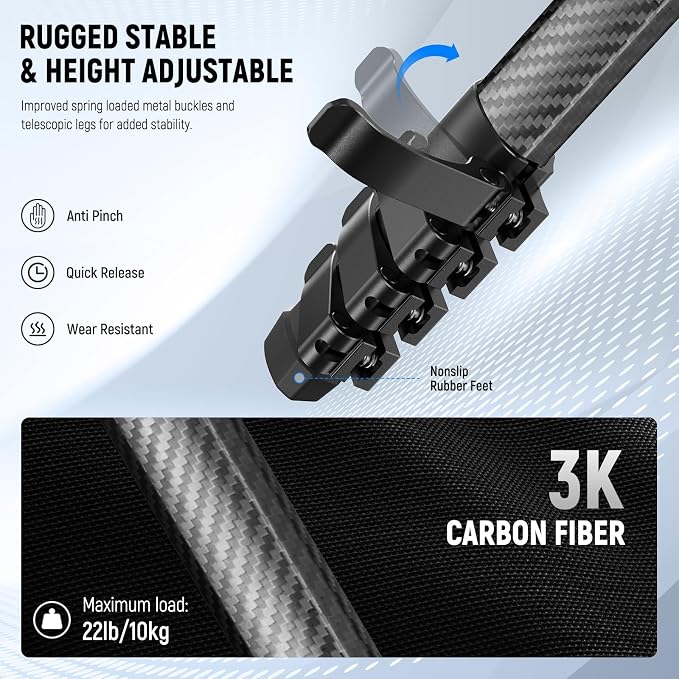 NEEWER LITETRIP LT38 61" Travel Tripod Carbon Fiber for Camera, 360° Pan Tilt Low Profile Ball Head, Flexible Center Axis, Arca QR Plate Compatible with PD, Max Load 22lb - Image 3