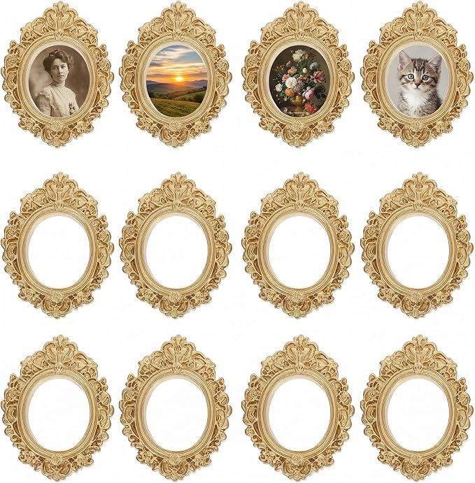 BESTOYARD 12Pcs Mini Picture Frames, Vintage Gold Resin Frames for Crafts | Baroque Oval Miniature Photo Frame Set, 2.75 x 2.04 Inch Tiny Decor for Phone Cases, Jewelry Making and Tabletop Displays by BESTOYARDSHOME