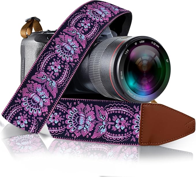 Art Tribute Camera Strap - Shoulder, Crossbody & Neck Camera Strap for Photographers, Fits All Cameras, Canon Nikon Sony Fujifilm, Padded Strap W/Quick Release, Embroidered Cotton & Leather Ends by ArtTribute