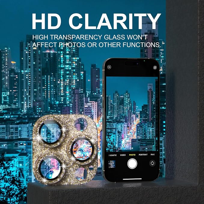Choiche for iPhone 14 Pro/iPhone 14 Pro Max Camera Lens Protector | Bling Camera Cover with 9H Tempered Glass Lens Screen Protector Metal Ring Decoration Accessories (Glitter-Gold) - Image 6