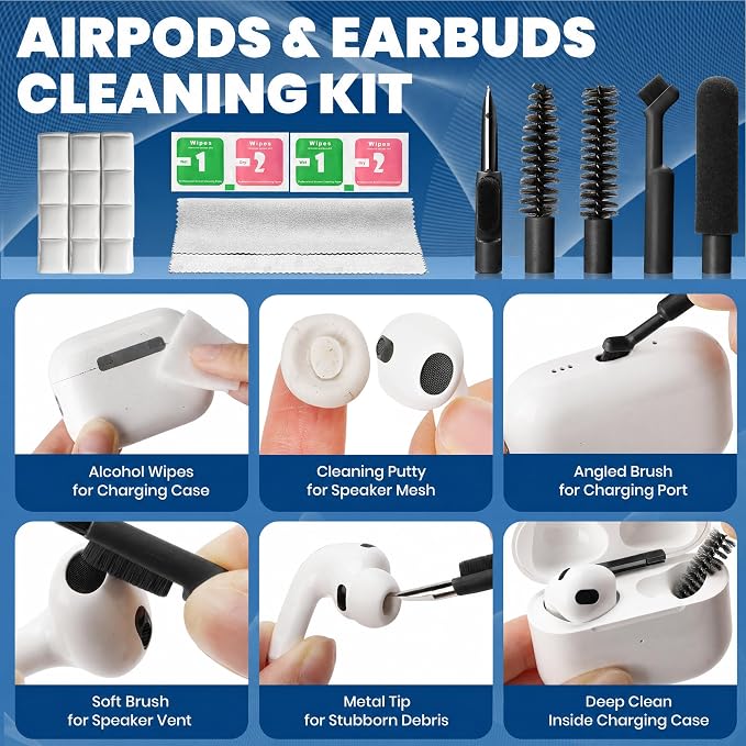 Upgrade Phone Cleaning Kit (57PCS), iPhone Cleaning Kit, Cleaning Kit for AirPods, Keyboard Cleaning Kit, Charging Port Cleaner for Apple Lightning/Android USB-C (Black, with 10 Mini Brush) - Image 4
