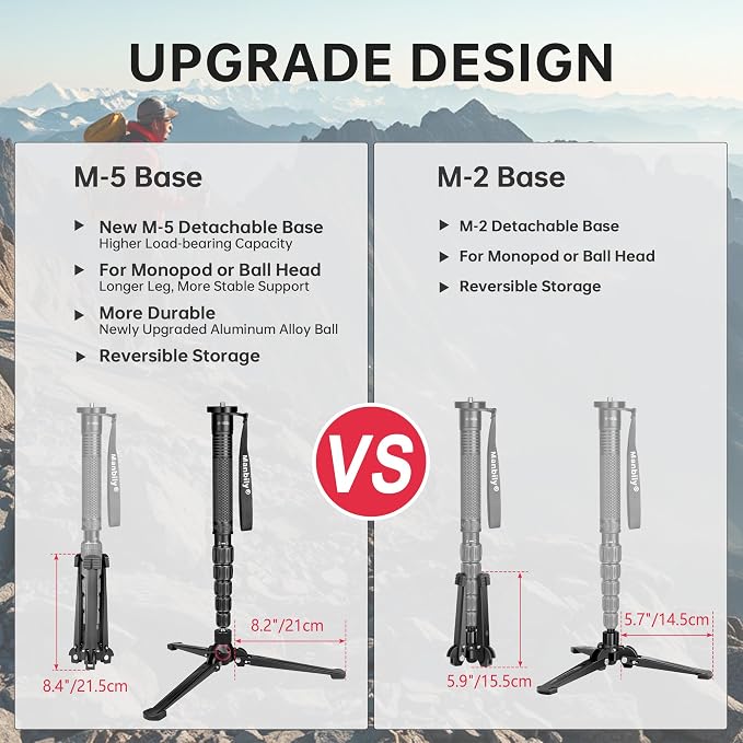 M-5 Tripod Base, Longer Desktop Tripod with Three Upgraded Extended-Leg, 3/8" Screw Monopod Stand Support for Ball Head/Fluid Head DSLR Camera Camcorder, Tilt 20° & Rotate 360° (Black) - Image 2