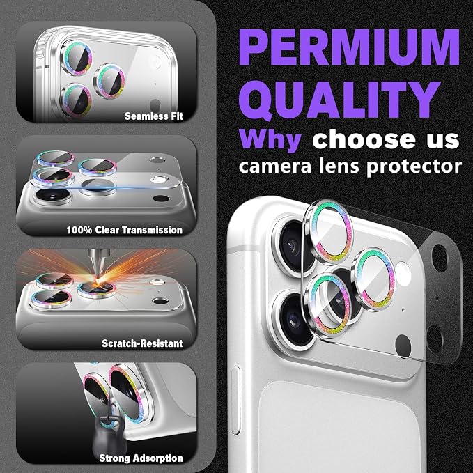 2 Pack for iPhone 17 Pro Max Camera Lens Protector | Bling Tempered Glass 9 Hardness,Anti-Scratch High Definition Camera Screen Protector (Multi-coloured) - Image 5