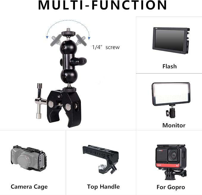 Cool Dual Ball head Magic Arm Adapter Camera Clamp Mount Super Clamp with 1/4 and 3/8 Thread, for DSLR Camera Rig, LED Light, Flash Light, Action Cam, 2Pack - Image 3
