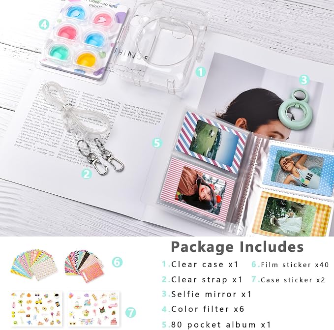 Rieibi Instax Mini 12 Accessories Gift Bundle: Clear Case with Strap, Photo Album, Selfie Mirror, Color Filters, DIY Stickers - Green - Image 7