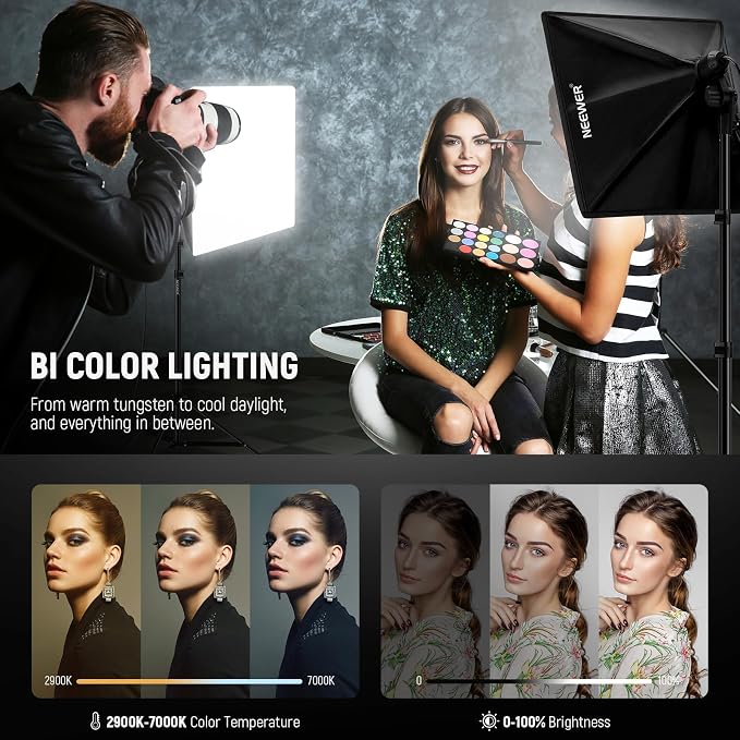 NEEWER 2Pcs 24"x24" 900W Equivalent Softbox Lighting Kit with Tripod Stands, 45W Bi Color 2.4G LED Bulbs, Remote, 10 Channels 2900K-7000K 1400lx/m CRI95, Photography Continuous Lighting Kit, NK103 - Image 5