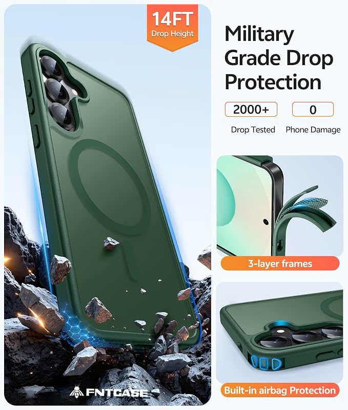FNTCASE for Samsung Galaxy S25/S24 Plus Case, Fit Magsafe, Screen Protector | Translucent Matte Magnetic Back, 14FT Military Grade Drop Protection, Shockproof Protective Phone Cover, Green - Image 5
