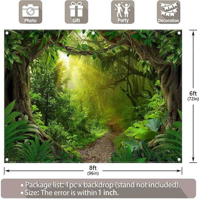 8x6ft Jungle Forest Photography Backdrop Rainforest Background | Tropical Kids Adults Party Supplies, Natural Scenery Banner, Safari Photo Booth, Polyester, Grommets, 1PC - Image 3