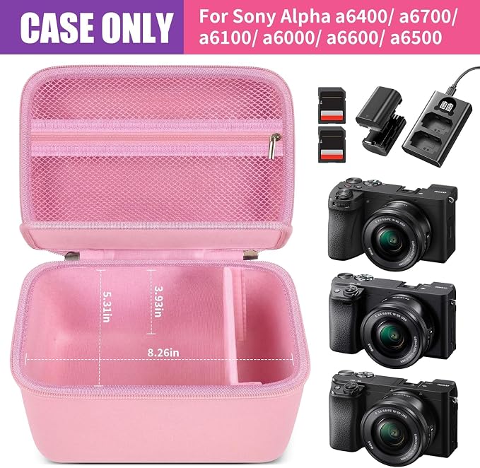 casmilee Camera Case for Sony Alpha ZV-E10 Alpha a6400/ a6700/ a6100/ a6000/ a6600/ a6500 Mirrorless Digital Camera, Hard Travel Bag with a Shoulder Strap for Lens & Accessories (Pink, Large) - Image 2