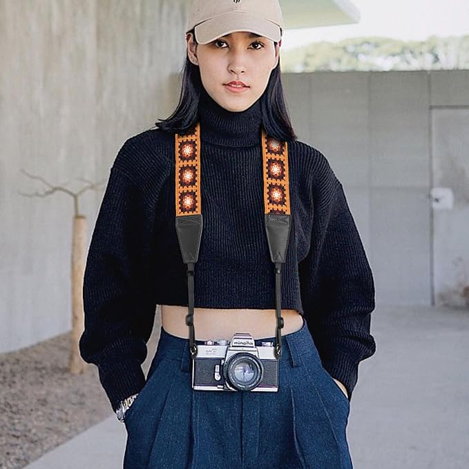 Padwa Lifestyle Yellow Crochet Camera Strap - 2" Full Grain Leather Ends Camera Straps for Photographers, Vintage Embroidered Cotton Soft Suede Fabric Padded Strap with Quick Release fits All Cameras - Image 5