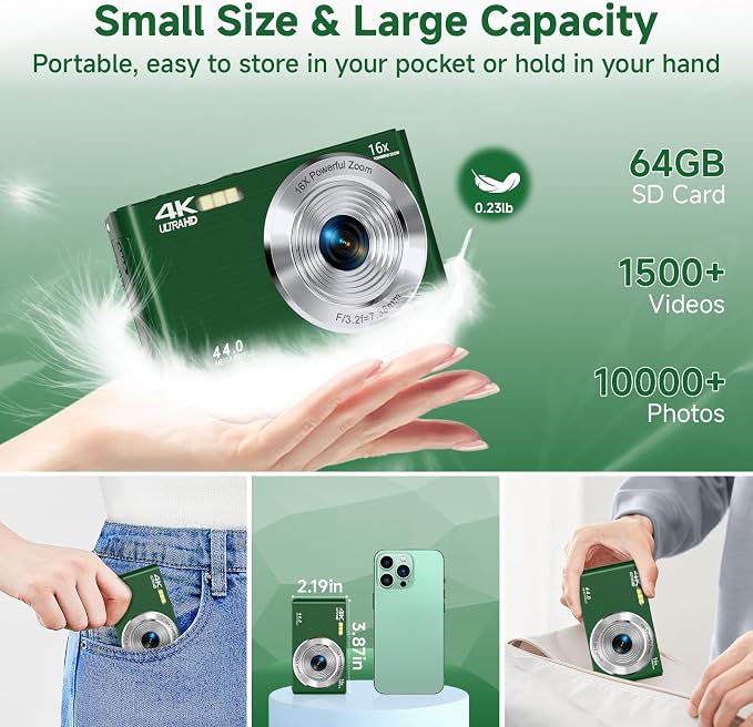 Digital Camera, FHD 4K Autofocus Compact Digital Cameras for Teens, Green Point and Shoot Camera for Kids with 16X Zoom, 64GB SD Card, 2026 Upgraded Small Digital Camera for Boys Girls Teens Kids Gift - Image 6