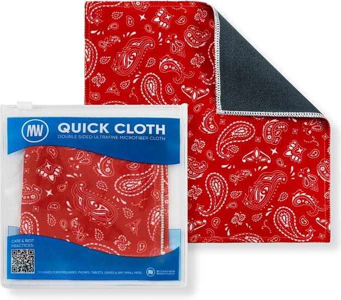 Microfiber Wholesale Quick Cloth Glasses Cleaning Cloth 8x8 Paisley Red | 1-Pack with Case | Double-Sided Lens Cleaner for Eyeglasses, Camera & Screens | Reusable Microfiber Glass Polishing Cloths by MicrofiberWholesale