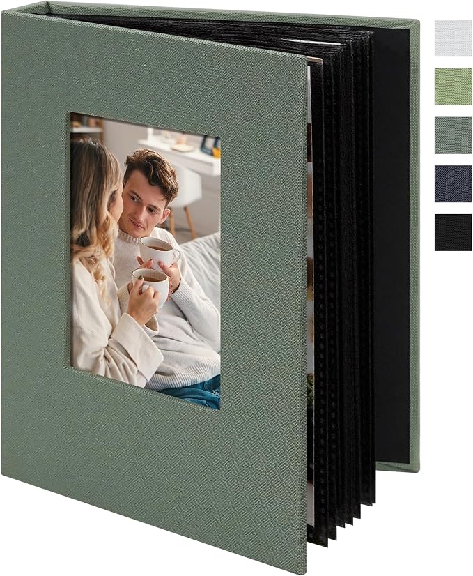 Small 4x6 Photo Album 24 Pockets Linen Cover Gray Green | Linen Cover, Front Window, Portable Mini Picture Book, Travel Wedding Memories by Remowith
