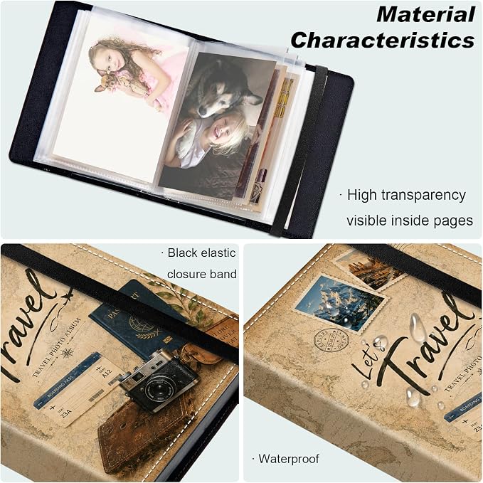 DEGDFSGR 5x7 Small Photo Album, 60 Pockets Holds 120 Photos | Slip-in pockets, black elastic band, portable for family, wedding, baby, travel photos, Vintage World Map Antique Globe - Image 5
