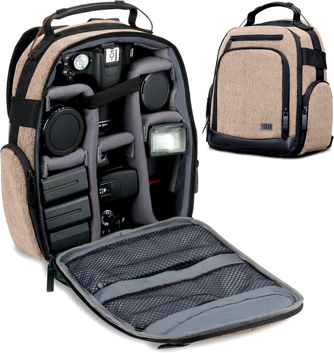 USA Gear Portable Camera Backpack for DSLR with Customizable Accessory Dividers, Weather Resistant Bottom and Comfortable Back Support - Compatible with Canon, Nikon, Sony, Fujifilm, and More (Brown) by USAGEAR