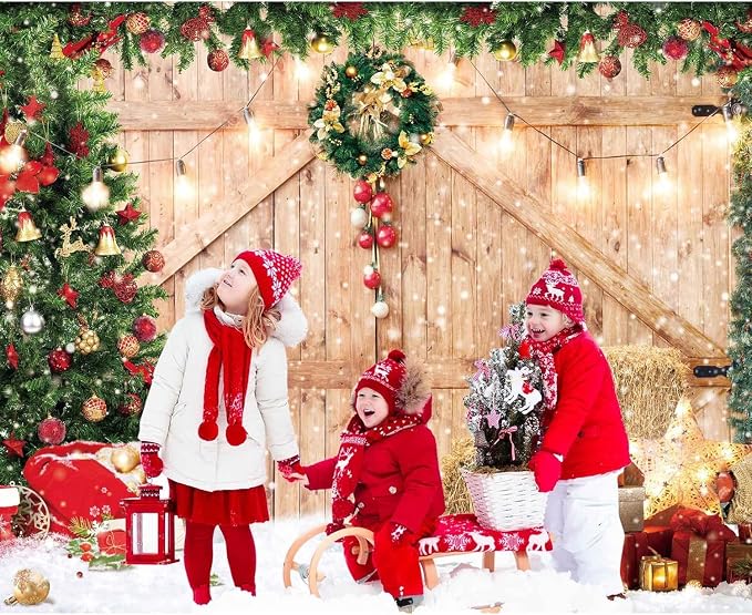 Christmas Backdrop Soft Fabric Rustic Barn Wood Door Backdrop for Photography Xmas Tree Snow Wall Floor Party Photo Background Family Banner Decorations Studio Prop Pictures(12x8ft) - Image 4