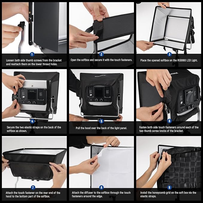 NEEWER Upgraded Softbox Diffuser for NL660 RGB660 PRO II LED Light, NS4S | 12.6"x11.6", Foldable, Grid, Bag, Blackout Hood, No Need to Remove Barndoors, Quick Set Up for Soft Light - Image 3