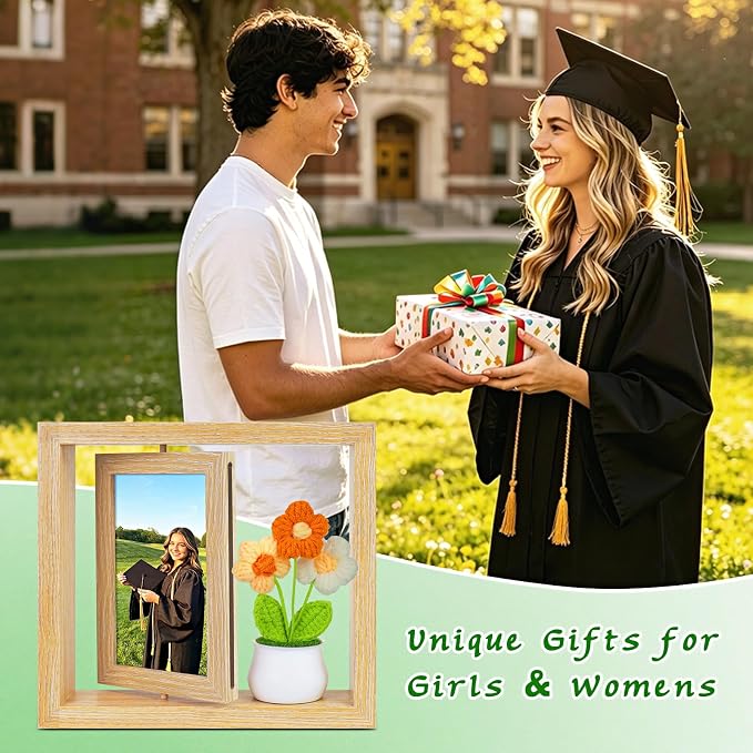 4x6 Rotating Picture Frame & Handmade Crochet Puff Flower, 4x6 Desktop Double-side Floating Photo Frame, Puff Daisy Cute Office Desk Decor for Women/ Appreciation Thank You Gifts for Girls Her - Image 4