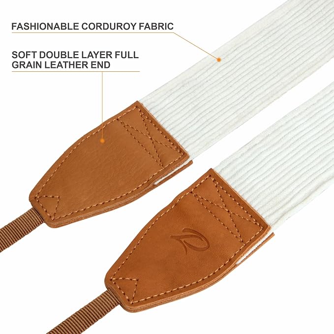 Padwa Lifestyle Corduroy Camera Strap - 2" Double Layer Full Grain Cowhide Leather Head Camera Straps for Photographers, Unique Soft Corduroy Fabric with Quick Release fits all Cameras(White) - Image 3