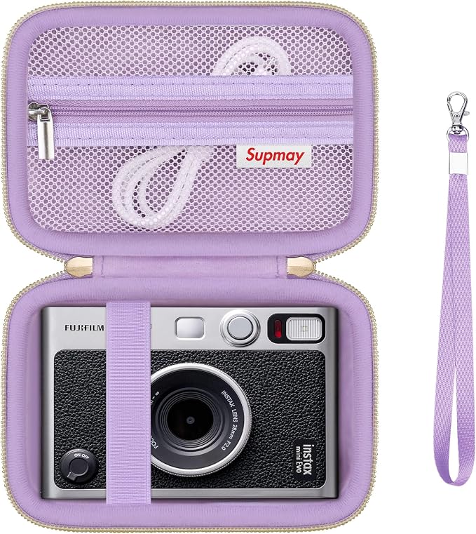 Carrying Case Compatible with Instax Mini EVO Instant Camera, INSTAX MINI EVO Camera Storage Holder Travel Bag with Mesh Pocket for Photos, USB Cables, Film, Purple by Supmay