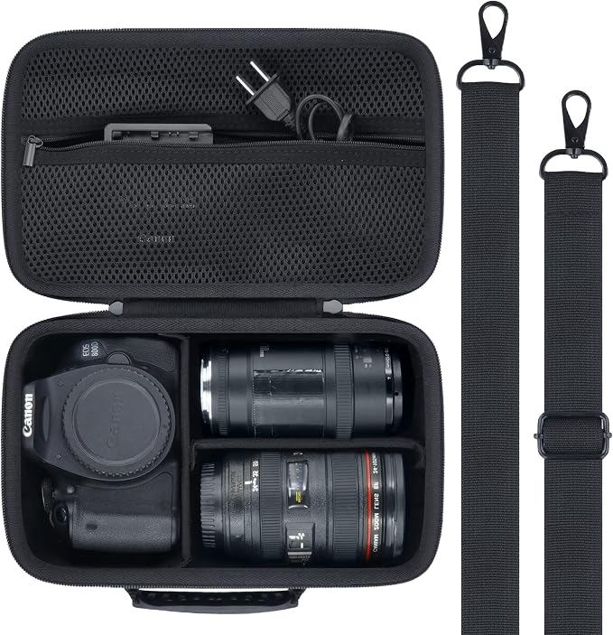 Hard Case for Canon EOS Rebel T7/T100/R50/R100 DSLR Camera with Lens | Compatible with Canon T7/T100/R50/R100/R5/R6 V//R6 Mark II DSLR Camera and Lens, With Shoulder Strap, Protective Case, Black by Baval