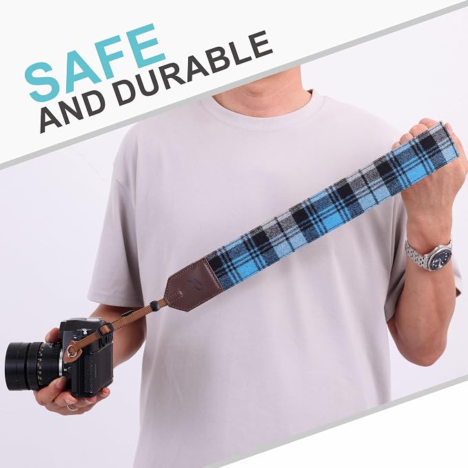 Padwa Lifestyle Camera Strap - 2" Full Grain Leather Ends Camera Straps for Photographers, Unique Vintage Cashmere and Soft Suede Fabric Padded Strap Quick Release fits All Cameras(Blue Check) - Image 5
