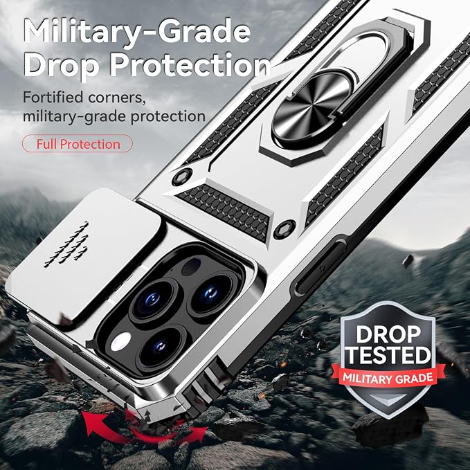 HNHYGETE for iPhone 15 Pro Case with HD Screen Protector: [Military Grade 20ft. Drop Tested] Slide Camera Cover Ring Shockproof Protective Phone Case for - iPhone 15 Pro (Silver) - Image 3