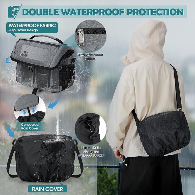 RAINSMORE Camera Bag, DSLR SLR Mirrorless Camera Case for Photographer | Waterproof Camera Sling Bag with Rain Cover & Tripod Holder Soft Padded Crossbody Camera Bag for Sony Canon Nikon Fujifilm - Image 5