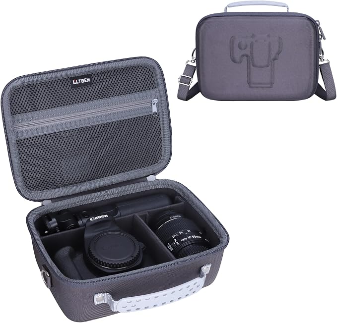 L LTGEM Hard Camera Case Compatible with Canon EOS Rebel T7, R50, R6 Mark II, R100, DSLR SLR Cameras, Lenses, and Tripods, Camera Travel Bag, Featuring 4 Dividers and a Shoulder Strap, Dark Gray by LTGEM