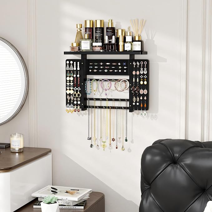 Emfogo Jewelry Organizer Hanging Wall Mounted Jewelry Holder, 5-in-1 Large Capacity Necklace Organizer Wall Display for Ring, Necklaces, Bracelets, Earrings(Black) - Image 2