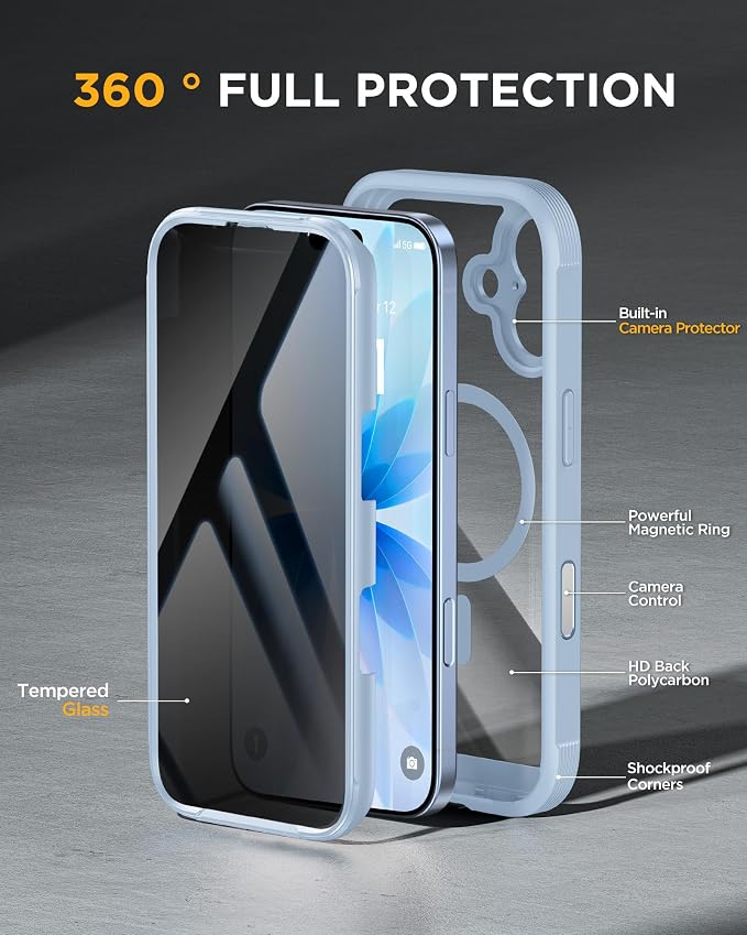 Miracase for iPhone 17 Case with Privacy Screen Protector, Light Blue | Compatible with MagSafe, 360° Full Body Protection, Full Camera Protection, Military-Grade Shockproof Phone Case 6.3" - Image 3