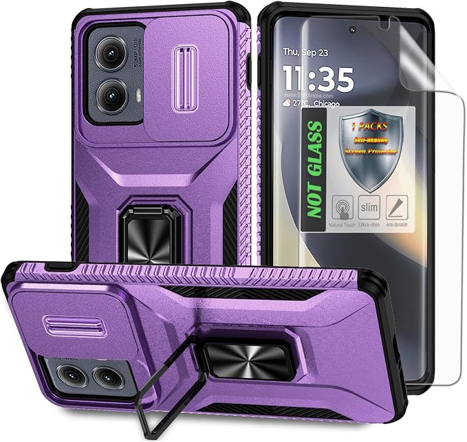 for Moto Edge 2024 Case,with Sliding Camera Lens Cover,HD Screen Protector,360° Rotating Ring Kickstand, Military-Grade Shockproof Protective Cover for Motorola Moto Edge 2024,Purple by AYMECL