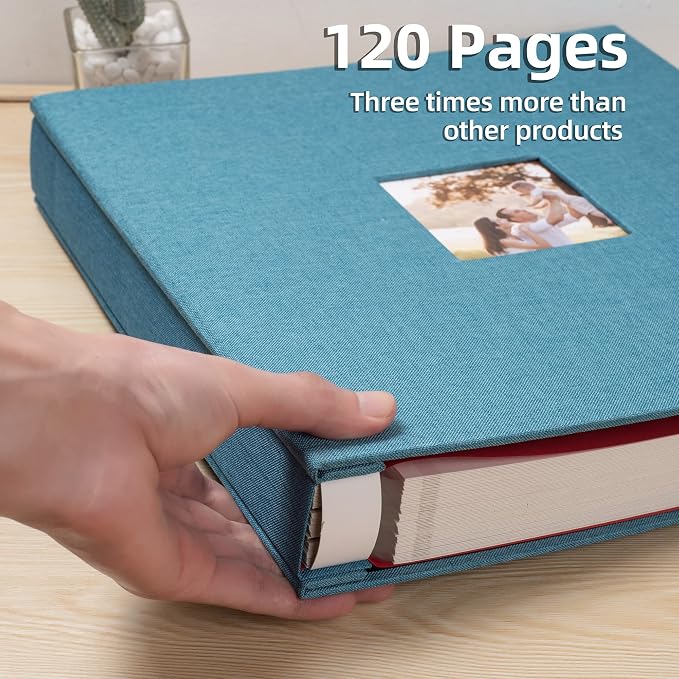 HoneyTolly Large Photo Album Self Adhesive, DIY Scrapbook Album for 600 Photos, 13"x12.6" 120 Pages Linen Cover Memory Book(Sky Blue) - Image 3