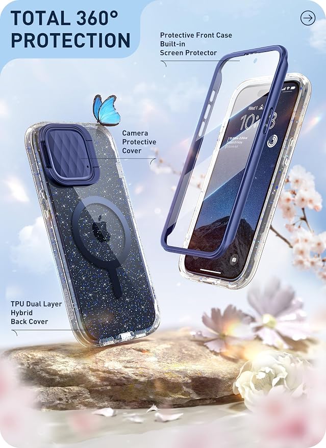 i-Blason for iPhone 15 Pro Case MagSafe, w/‌ Screen Protector, BlueGlitter | Built-in Screen Protector, Camera Cover Stand, Slim, Stylish - Image 6