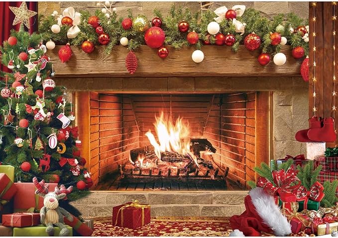 12x8ft Polyester Fabric Christmas Fireplace Backdrop Vintage Xmas Tree Sock Background Photography for Kids Portrait Party Decorations Photo Studio Booth Props Decor Supplies by Msocio