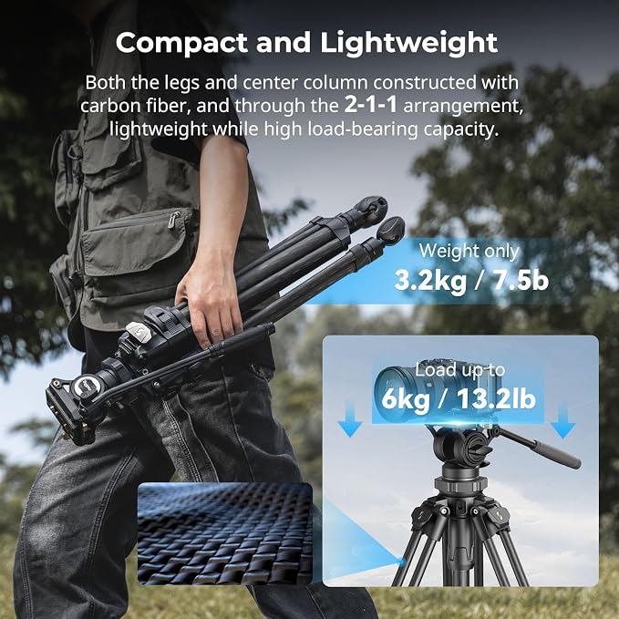 SmallRig AD-50Pro Heavy Duty Video Tripod, Carbon Fiber Lightweight Tripod with FreeSpeed One-Step Height Adjustment, Fluid Head, Dual-Mode QR Plate, Center Column, Weight 7lb, Load up 13.2lb - Image 3