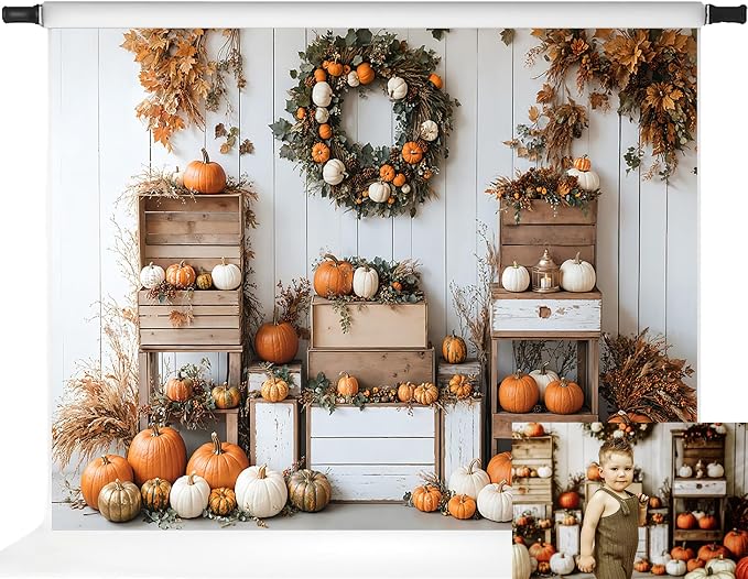 Kate Fall Backdrops White Background Autumn Party Decorations Pumpkins Thanksgiving Festival Photo Backdrop, 7x5ft by KateBackdropforPhotography