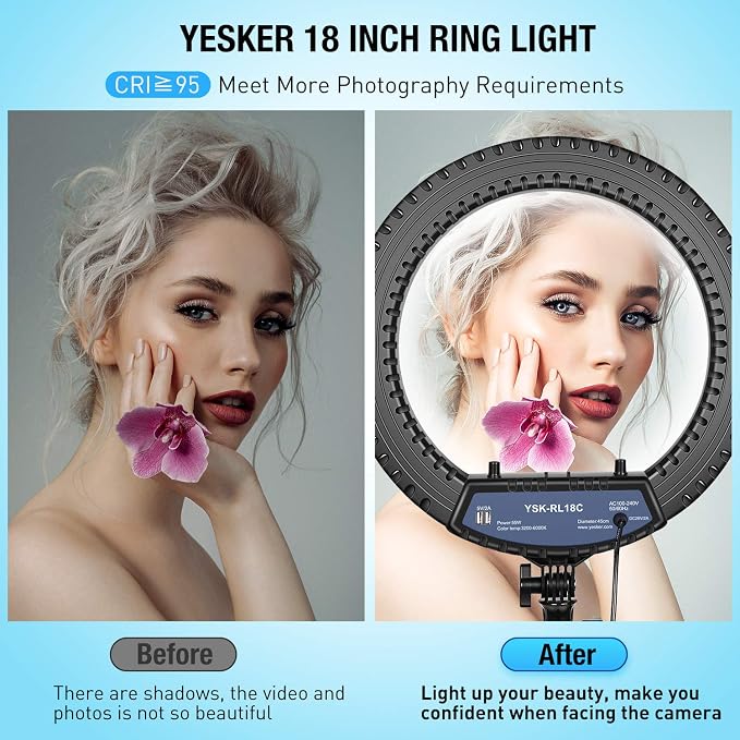 Yesker Ring Light 18 Inch with Stand Tripod Big Selfie Ringlight Adjustable 6000K Dimmable LED Portable Professional Ring Lights Kit Phone Holder for Camera Live Streaming Makeup YouTube Video TikTok - Image 3