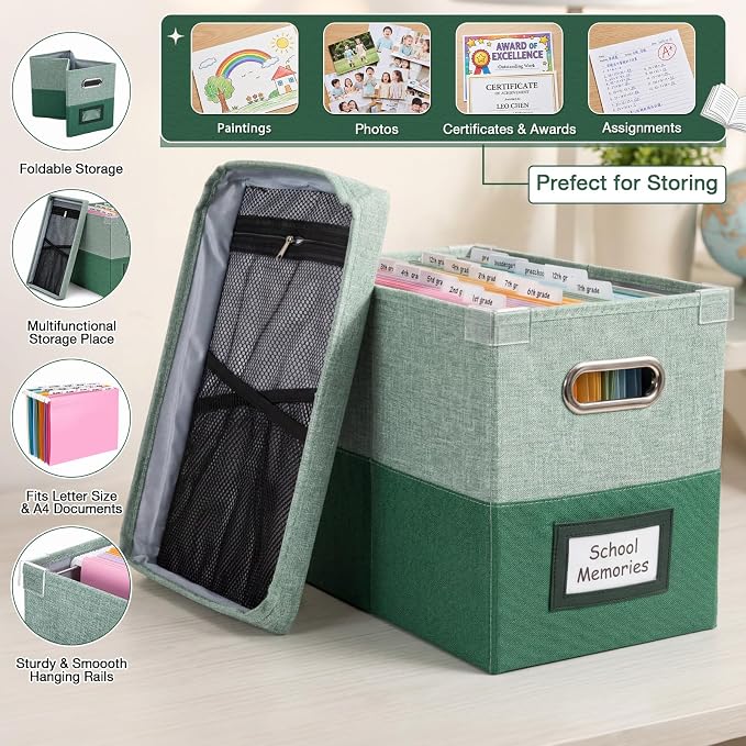 1 Set School Memory Box Organizer, School Keepsake Organizer K-12,Green | with 15 Hanging File Folders, 4 Labels, 3 Sticker, Mesh-Pocket Lid, for Letter/A4, Report Cards, Photos, Awards, File Keeper - Image 4