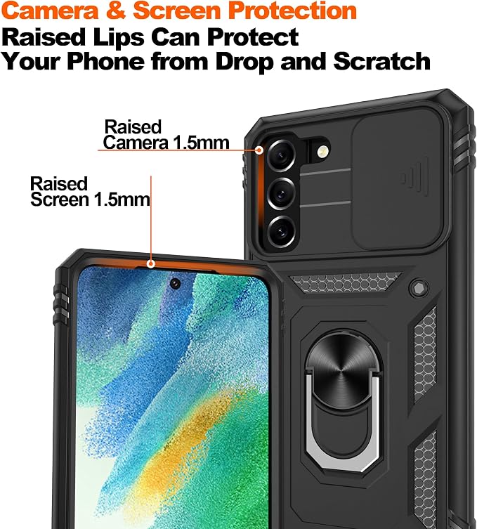 Gritup for Samsung Galaxy S21 FE 5G Case with 2PCS Screen Protector, Build in 360° Rotating Ring Kickstand, Military Grade Protective Case for S21 FE Phone, Black - Image 5