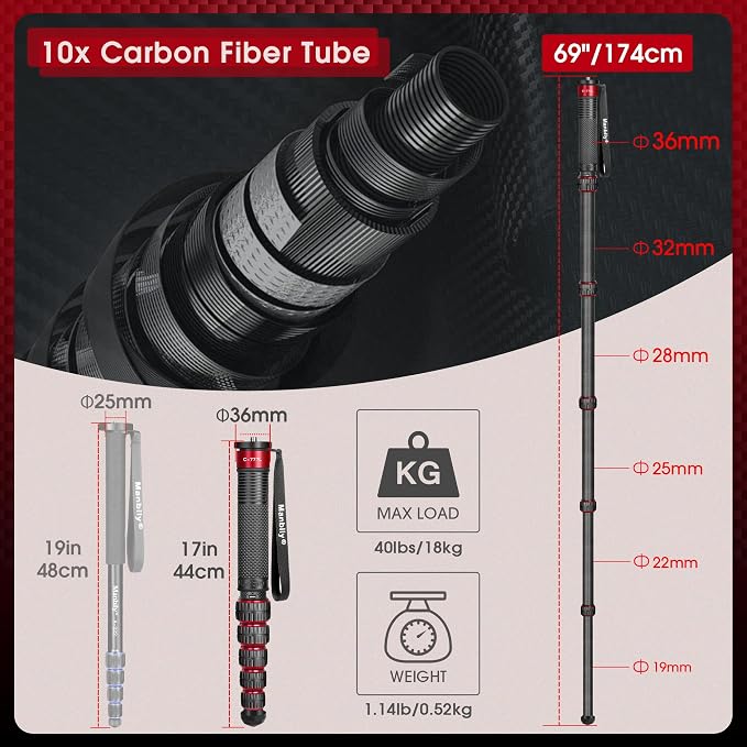 Camera Monopod, C-777L 36mm Tube Carbon Fiber Monopod with Walking Stick Handle, Portable Compact Lightweight for DSLR Cameras Travel, Max Load 40lbs - Image 3