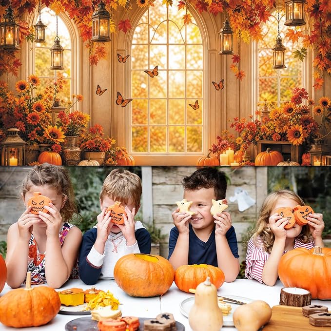 Fall Butterfly Floral Backdrop for Photography 20x10ft Autumn Window Pumpkin Maple Flowers Backdrop Thanksgiving Theme Background Birthday Party Decorations Photo Booth Props Vinyl - Image 4