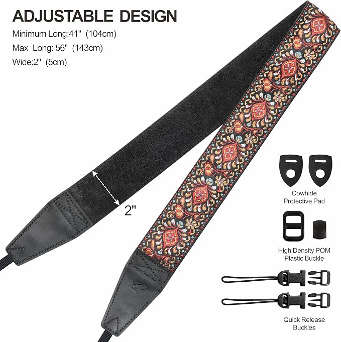 Padwa Lifestyle Red Flower Camera Strap - 2" Full Grain Leather Ends Camera Straps for Photographers, Vintage Embroidered Cotton Weave Soft Suede Fabric Padded Strap Quick Release fits All Cameras - Image 6