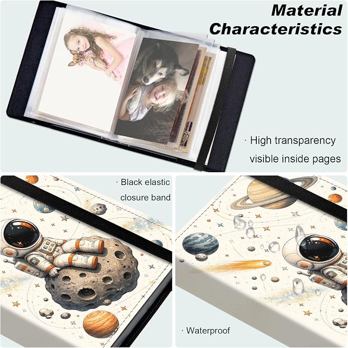 Small Photo Album 4x6, 60 Pockets Holds 120 Photos, Slip-in Pocket Photo Storage Book with Black Elastic Band for Family Wedding Baby Travel Pictures, Cute Astronaut Asteroid Space - Image 5