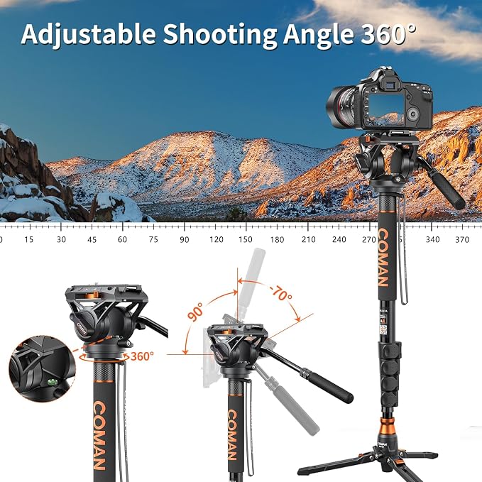 Monopod for Camera, COMAN Camera Monopod with Feet Q6 Fluid Head with Tripod Stand 71.25 inch Max Load 22 Lbs for Photography, Cameras, Canon, Nikon, Sony, DSLR, Video Camcorder - Image 9