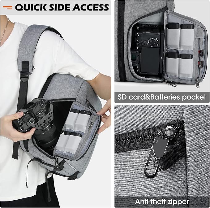 SDYSM Camera Bag Backpack Professional for DSLR SLR Mirrorless Camera | 14 Inch Waterproof Camera Laptop Backpack with Rain Cover Anti Theft Travel Case Large Capacity Photography Backpack, Grey - Image 3