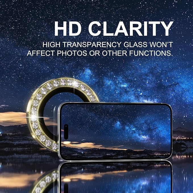 Choiche for iPhone 16 Pro/iPhone 16 Pro Max Camera Lens Protector | Ultra HD, Bling 9H Tempered Glass Camera Cover Screen Protector Metal Ring Decoration Accessories (Diamond-Gold) - Image 5
